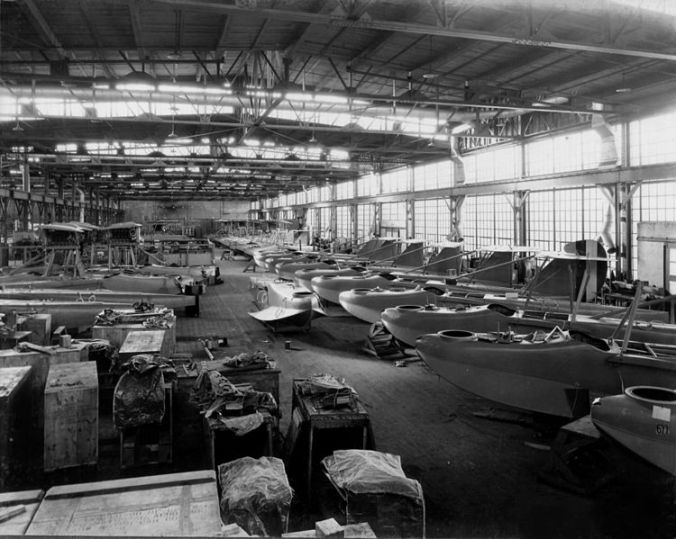 Assembly line of the Curtiss Aeroplane and Motor Company, circa 1917-1918. Courtesy Wikimedia Commons